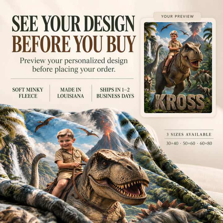 See your personalized dinosaur blanket design on screen before you buy. Soft minky fleece, made in Louisiana, ships in 1 to 2 business days, three sizes