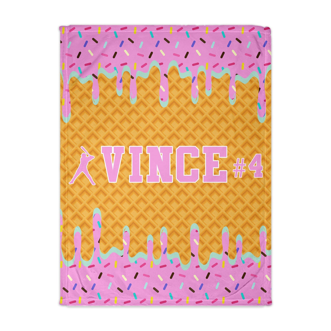 Drip Baseball Blanket with Sprinkles personalized with name and number on a White background