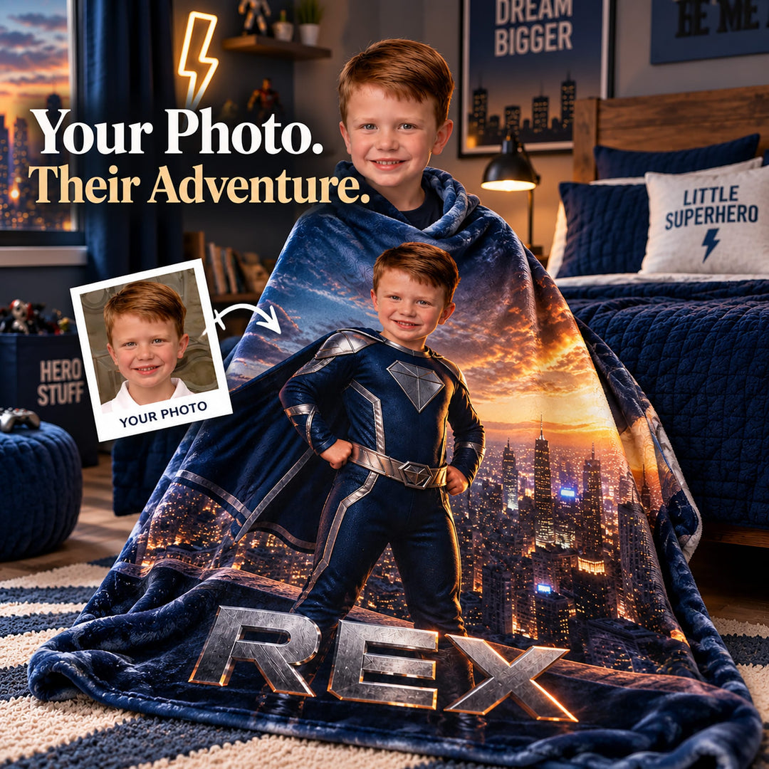 Personalized Superhero Blanket | Their Photo, Their City