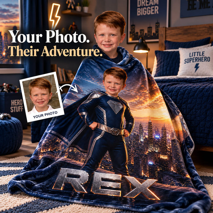 Personalized Superhero Blanket | Their Photo, Their City