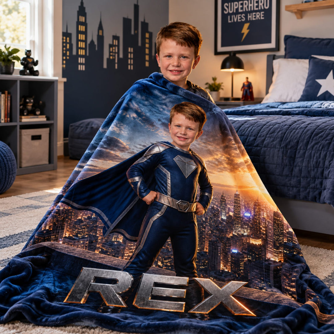 Personalized Superhero Blanket | Their Photo, Their City