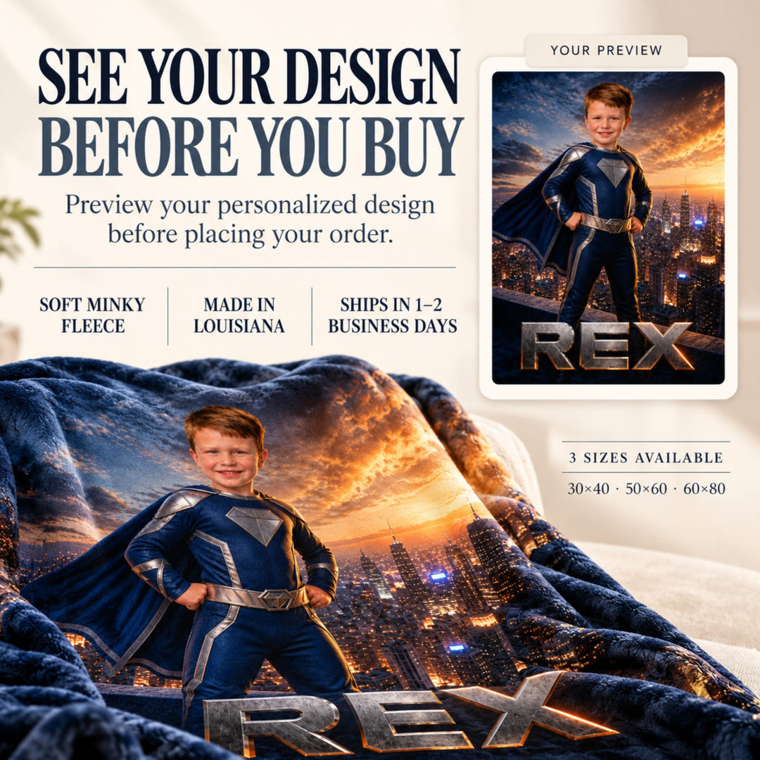 Personalized Superhero Blanket | Their Photo, Their City