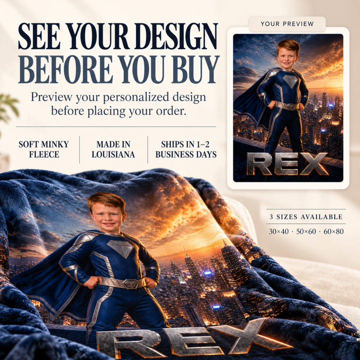Personalized Superhero Blanket | Their Photo, Their City