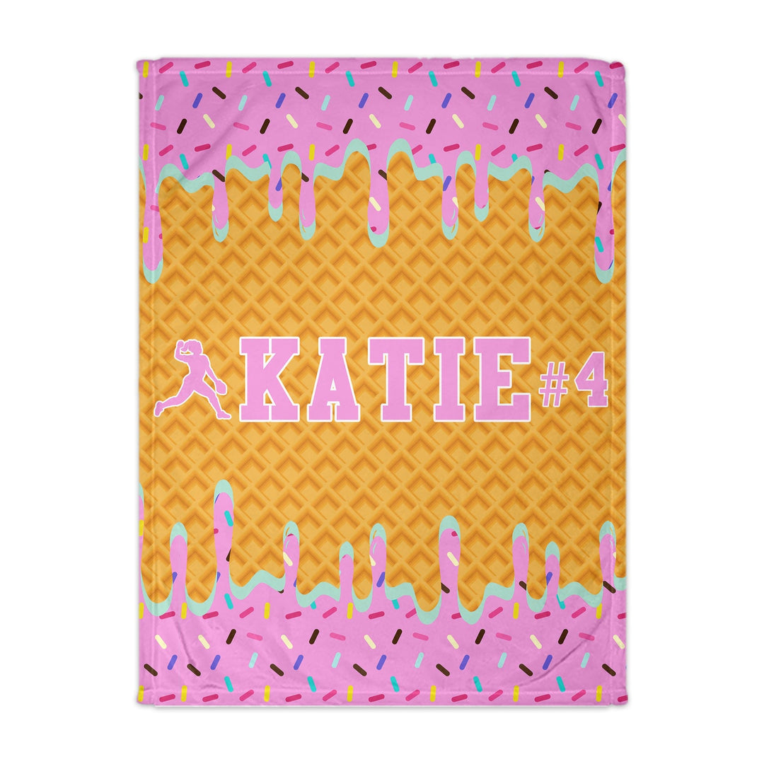 Ice Cream Drip Personalized Softball Throw Blanket - Pink/Blue
