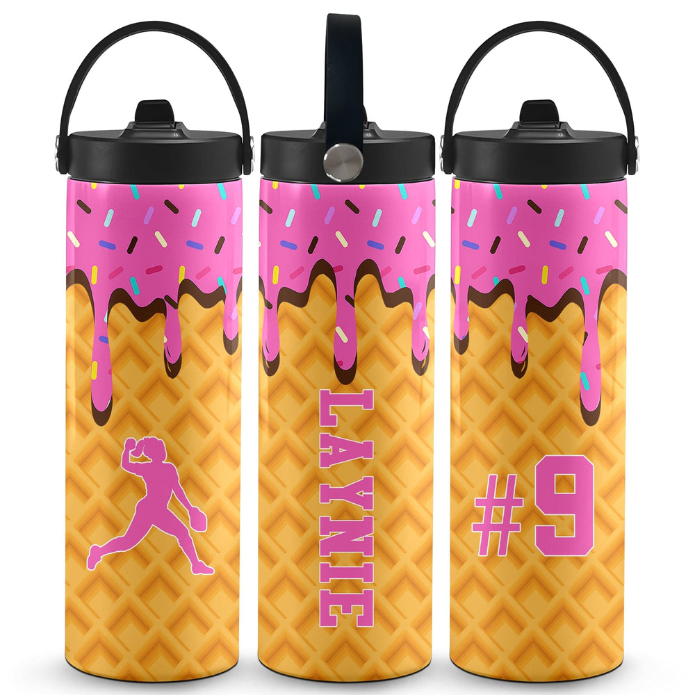 Ice Cream Drip Softball Personalized 20oz Water Bottle - Pink