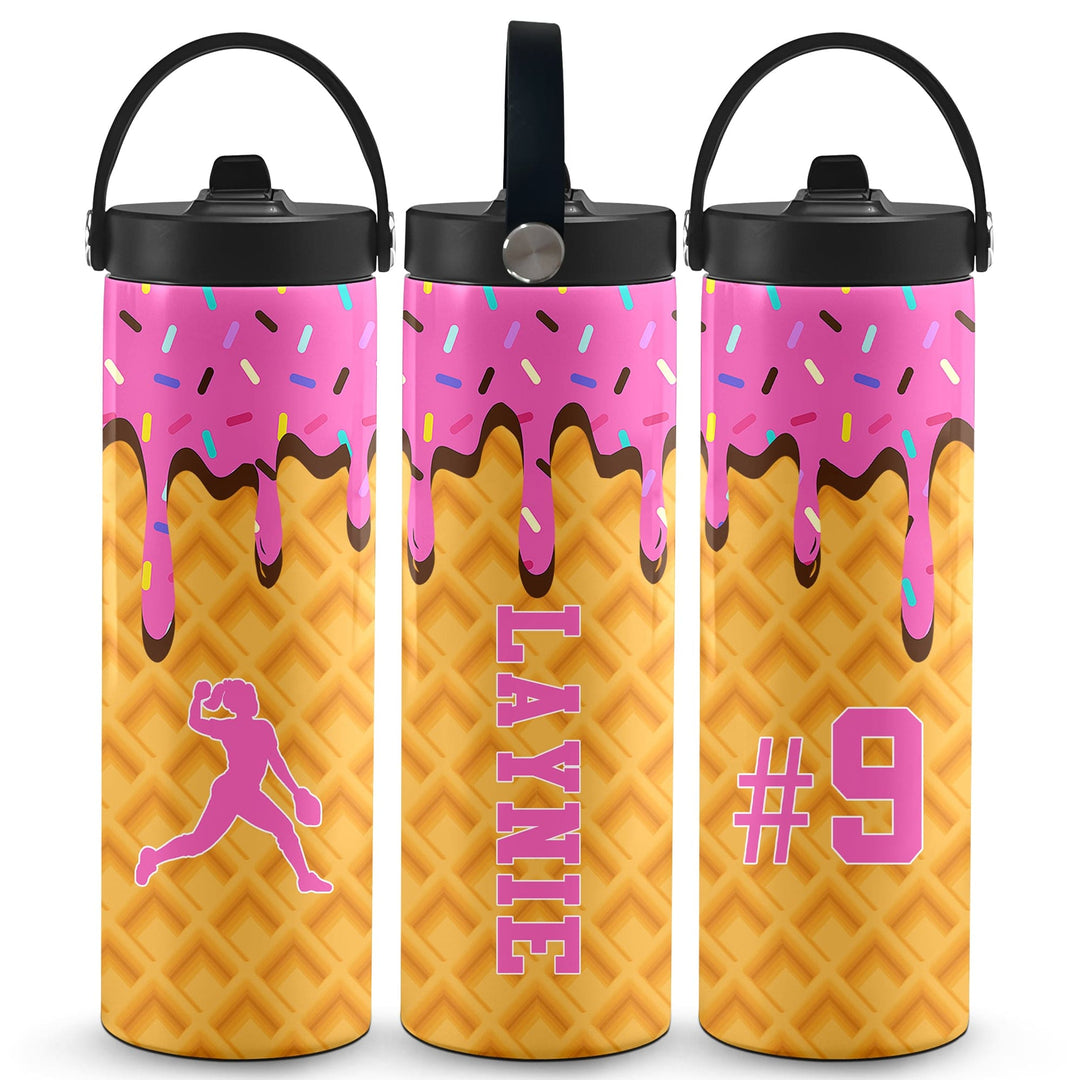 Ice Cream Drip Softball Personalized 20oz Water Bottle - Pink