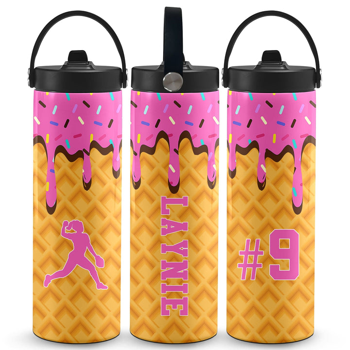 Ice Cream Drip Softball Personalized 20oz Water Bottle - Pink