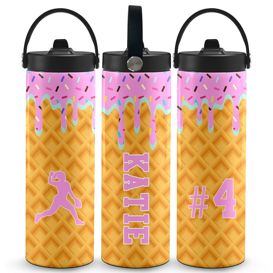 Ice Cream Drip Softball Personalized 20oz Water Bottle - Pink/Blue