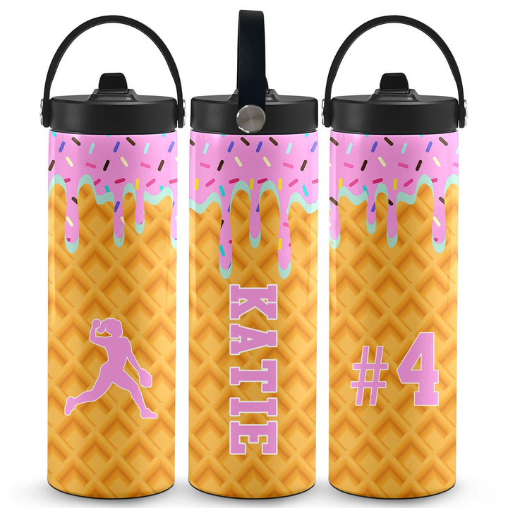 Ice Cream Drip Softball Personalized 20oz Water Bottle - Pink/Blue