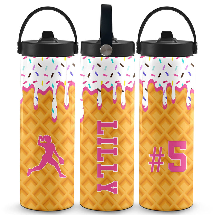 Ice Cream Drip Softball Personalized 20oz Water Bottle - White