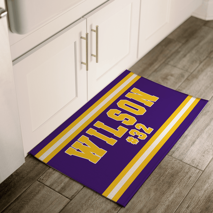 Personalized Jersey Name & Number Doormat | Custom Purple & Gold Sports Welcome Mat