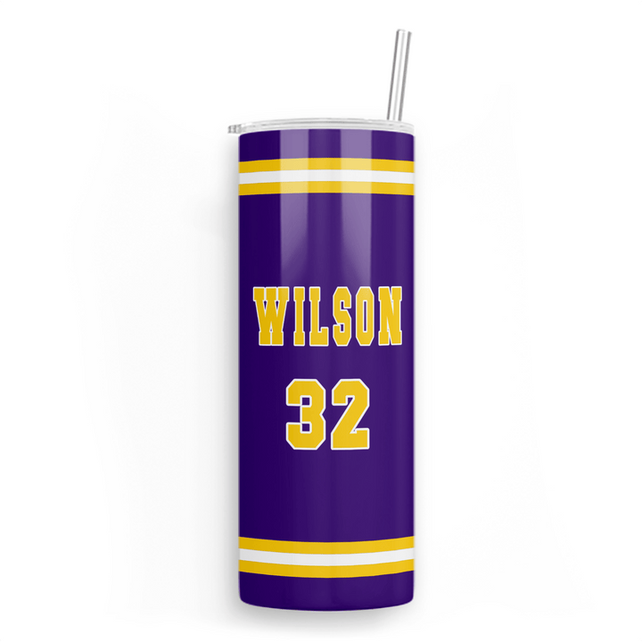 Personalized Jersey Name & Number Skinny Tumbler with Straw | Custom Purple & Gold 20oz Sports Cup