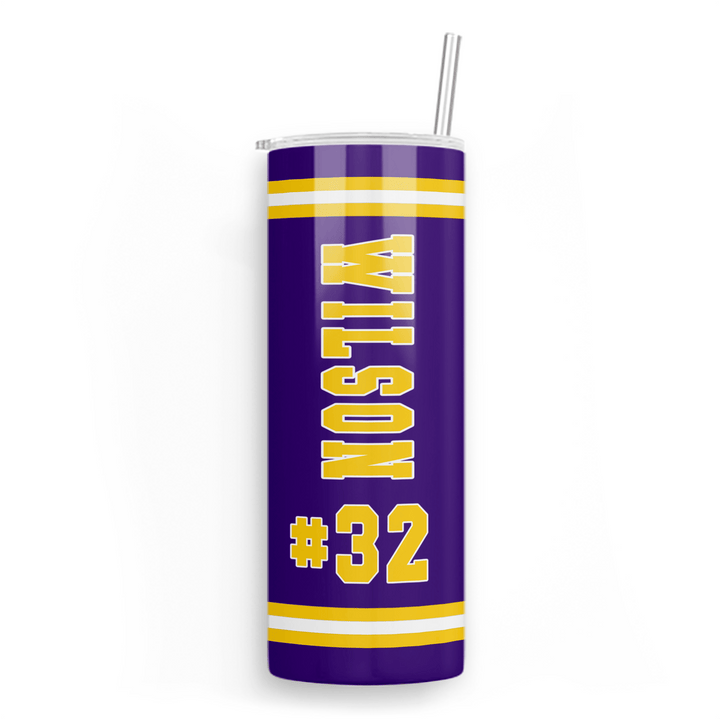 Personalized Jersey Name & Number Skinny Tumbler with Straw | Custom Purple & Gold 20oz Sports Cup