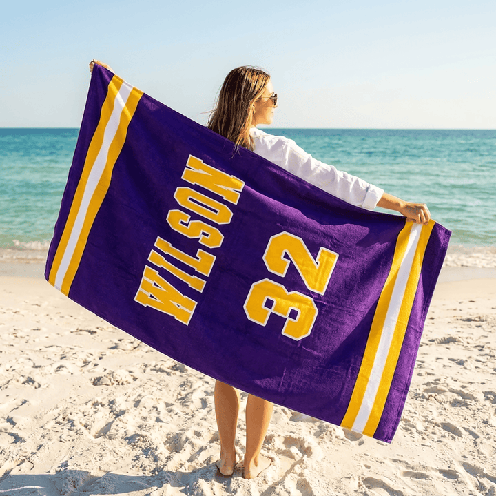 Personalized Jersey Name & Number Beach Towel | Custom Purple & Gold Sports Towel, 30x60