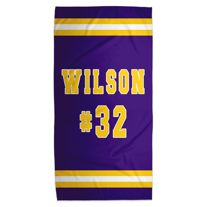 Personalized Jersey Name & Number Beach Towel | Custom Purple & Gold Sports Towel, 30x60