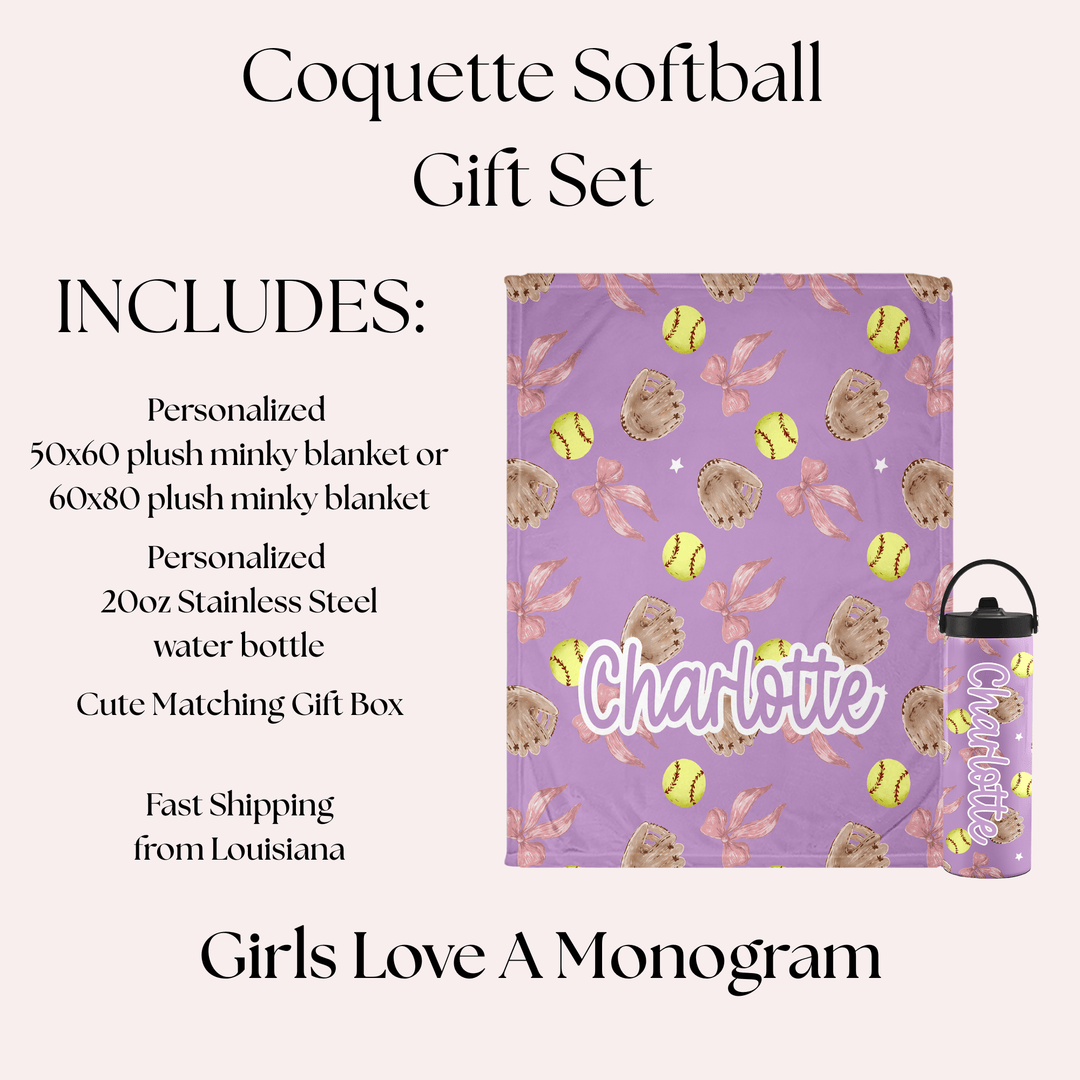 Softball Coquette Personalized Gift Set -Personalized 50x60 Plush Blanket & 20oz Water Bottle