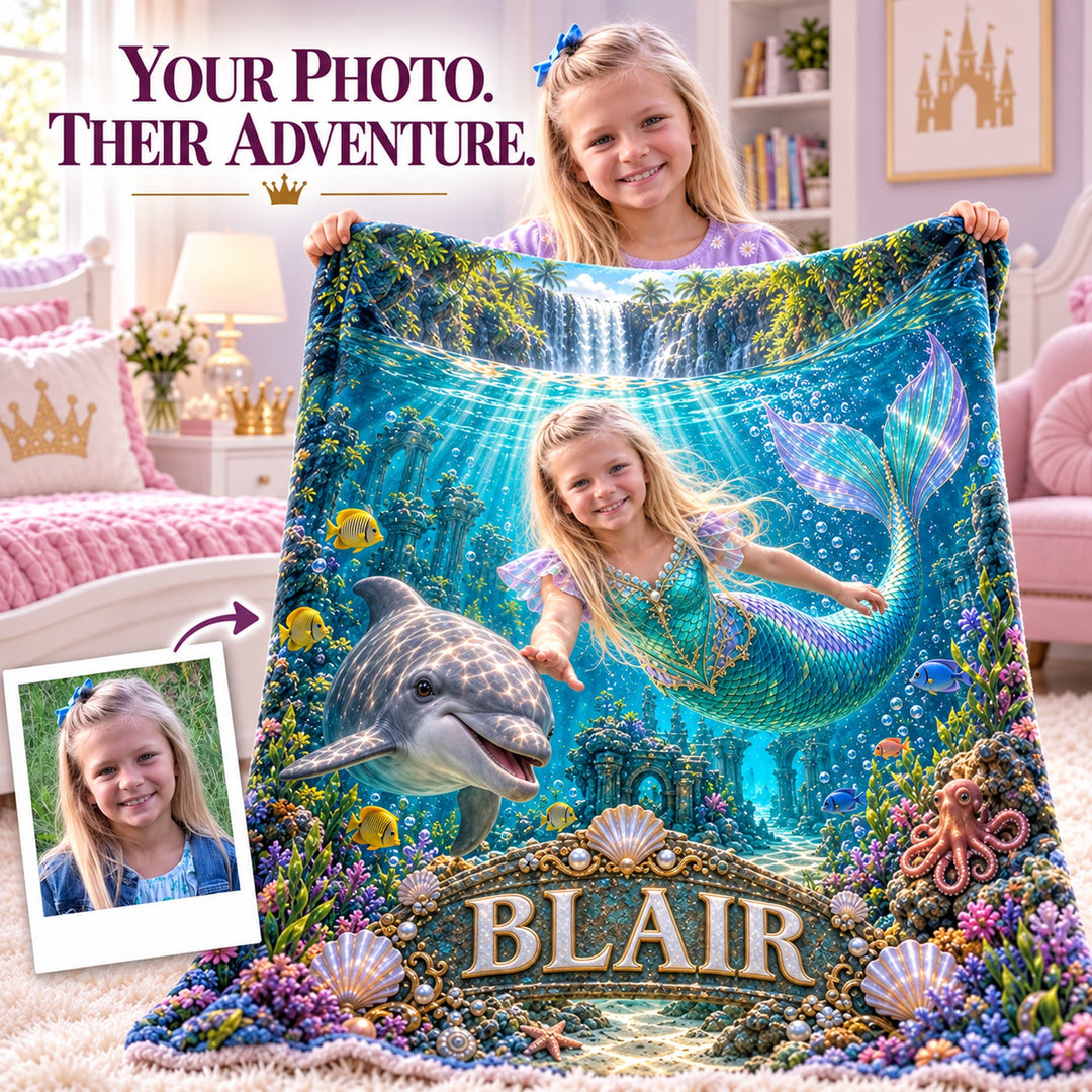 Personalized Mermaid Adventure Blanket | Her Photo, Her Adventure
