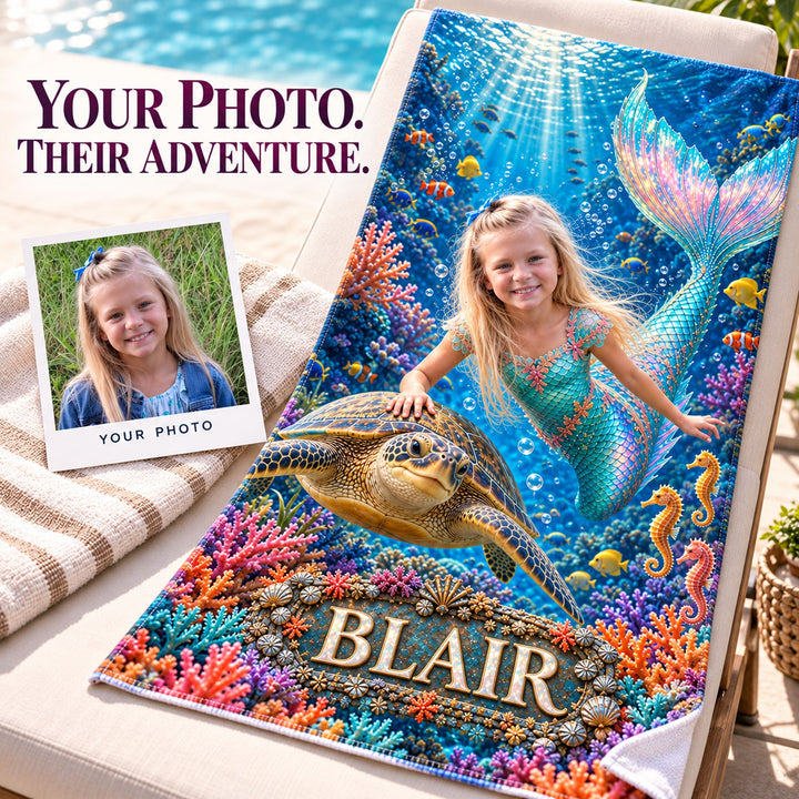 Personalized Mermaid Adventure Beach Towel | Her Photo, Her Adventure