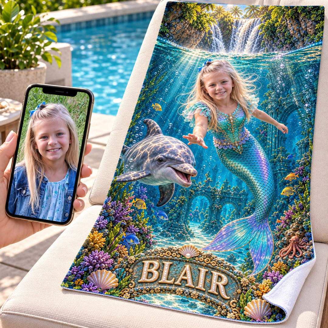 Personalized Mermaid Adventure Beach Towel | Her Photo, Her Adventure
