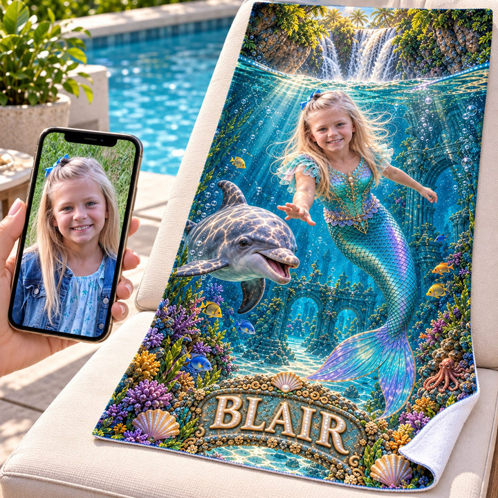 Personalized Mermaid Adventure Beach Towel | Her Photo, Her Adventure
