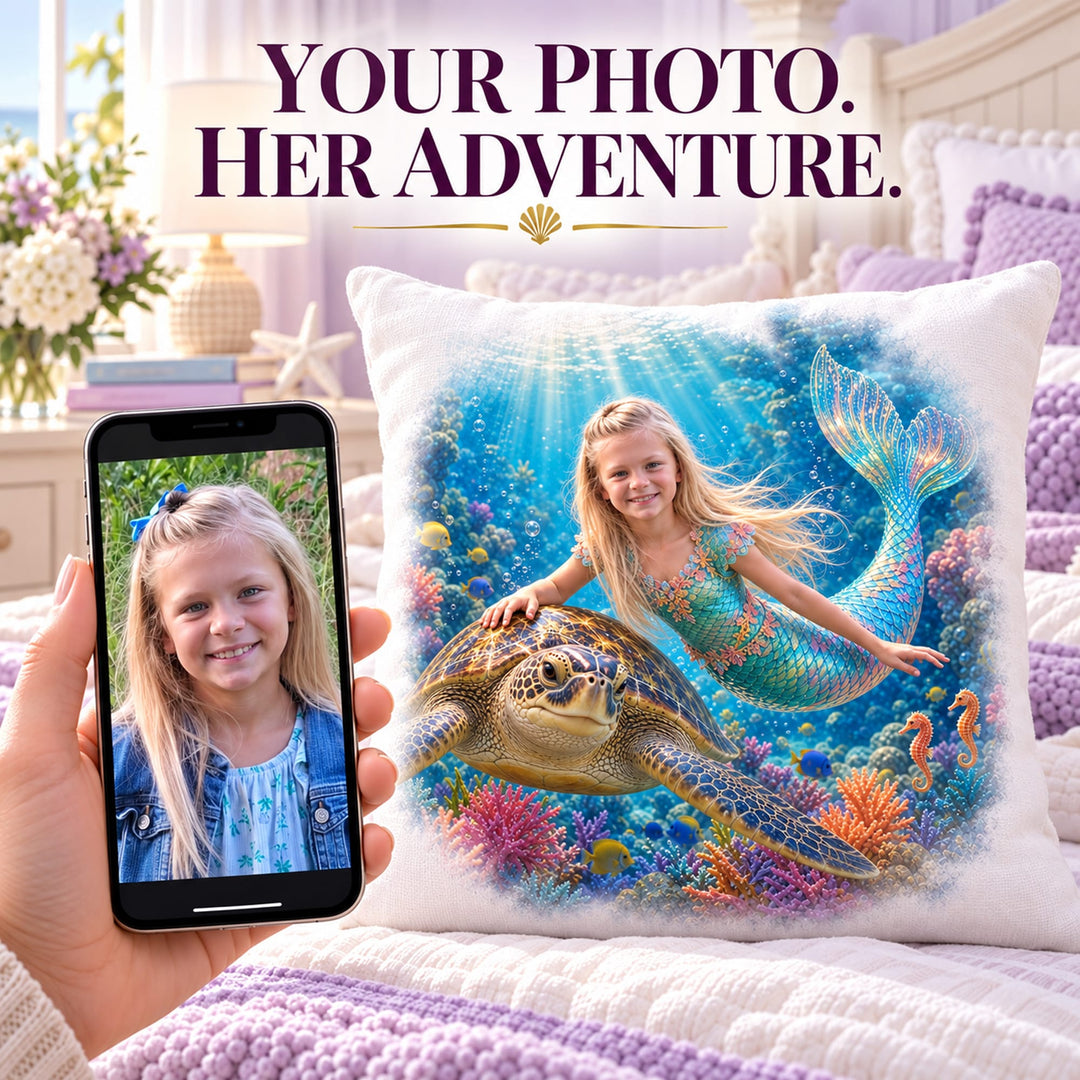 Personalized Mermaid Adventure Pillow | Her Photo, Her Adventure