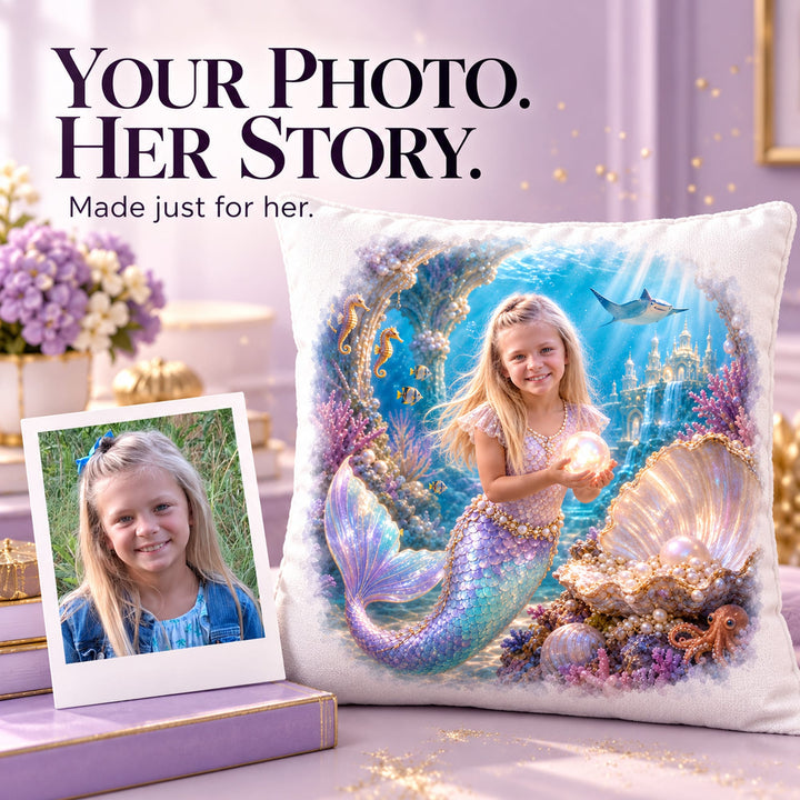 Personalized Mermaid Adventure Pillow | Her Photo, Her Adventure