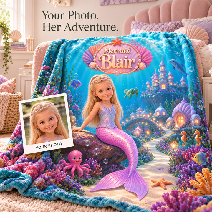 Personalized Mermaid Blanket | Her Photo, Her Kingdom