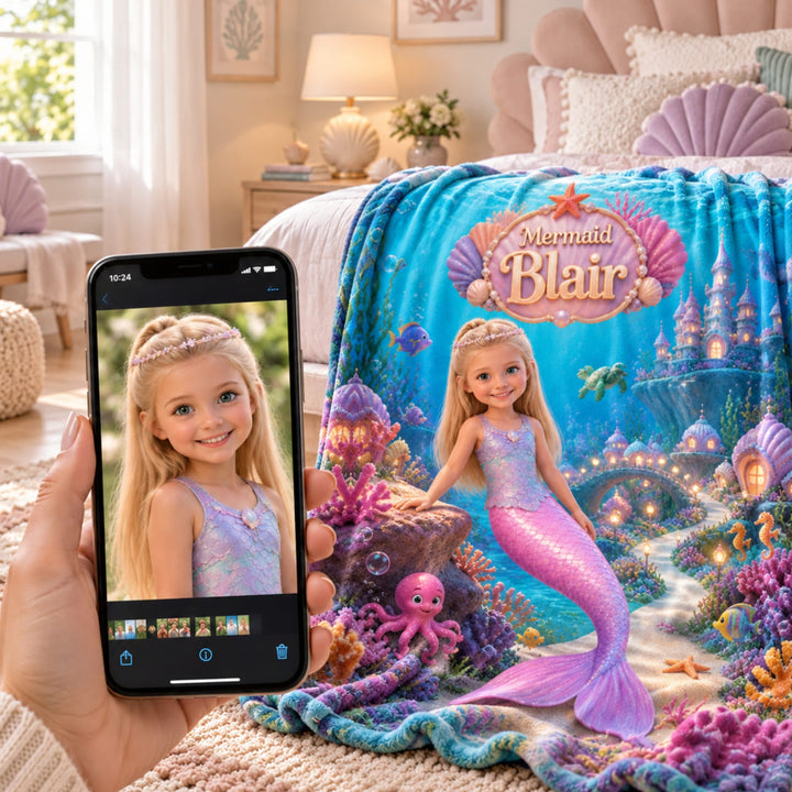 Personalized Mermaid Blanket | Her Photo, Her Kingdom