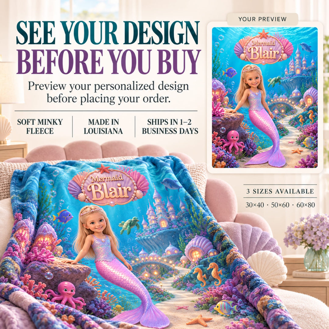 Personalized Mermaid Blanket | Her Photo, Her Kingdom