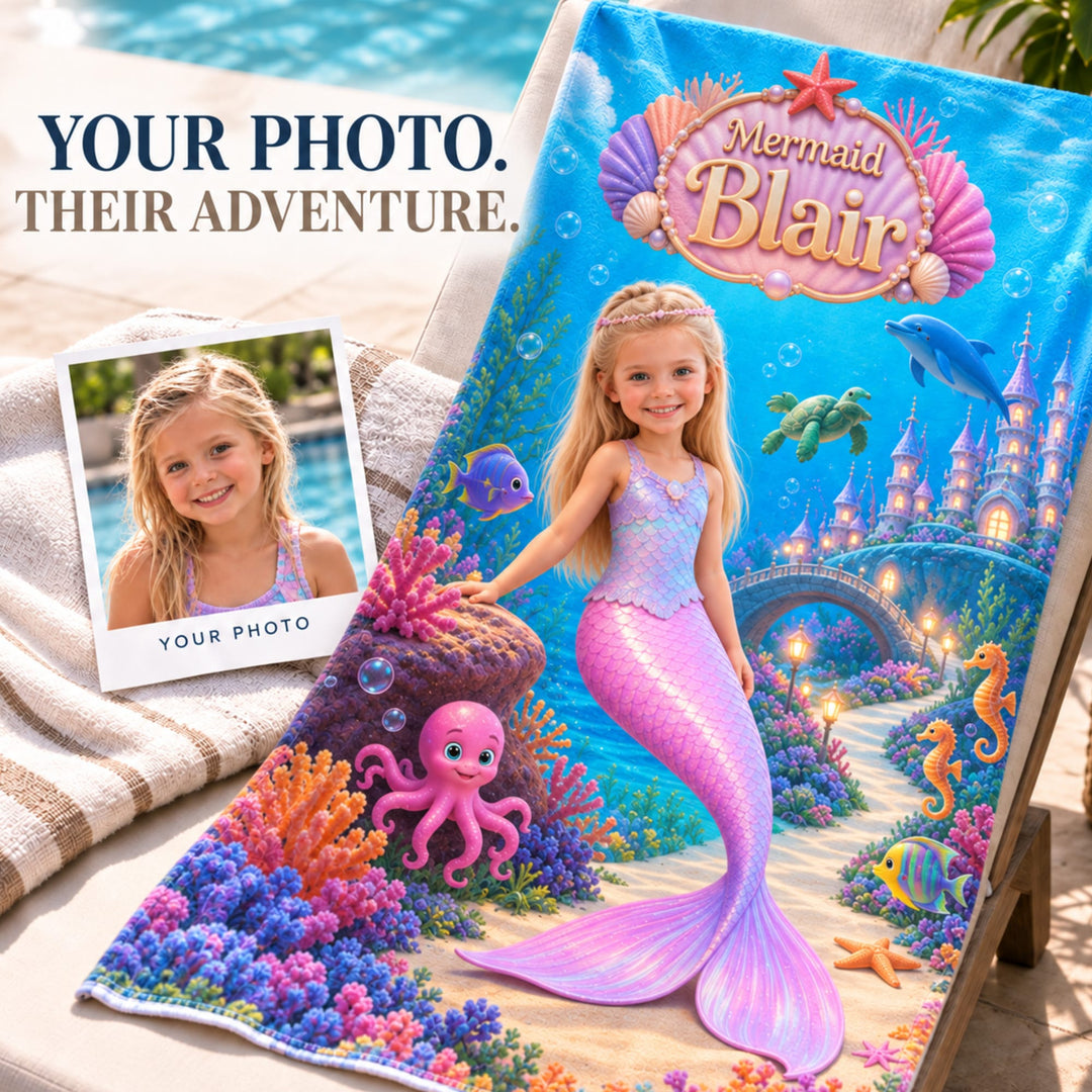 Personalized Mermaid Beach Towel | Her Photo, Her Kingdom