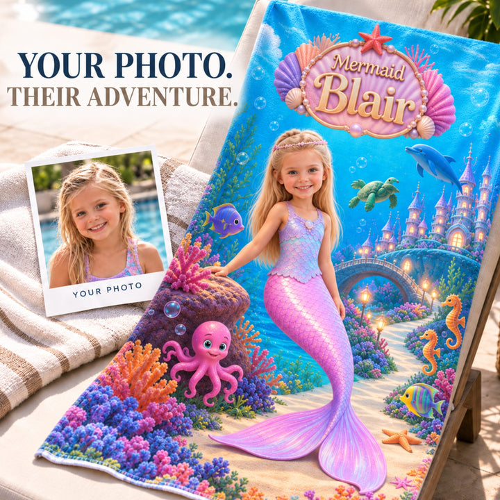 Personalized Mermaid Beach Towel | Her Photo, Her Kingdom