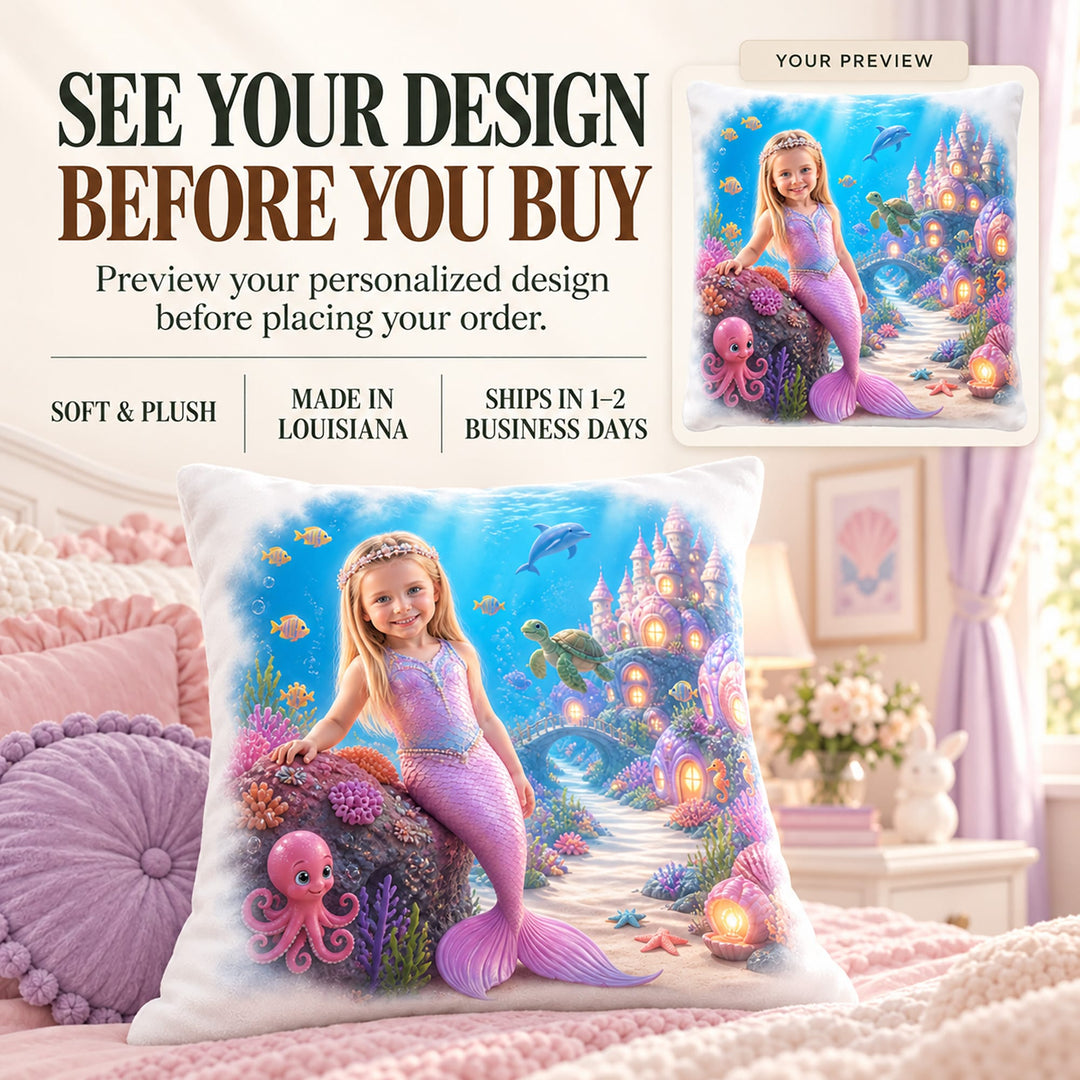 Personalized Mermaid Pillow | Her Photo, Her Kingdom