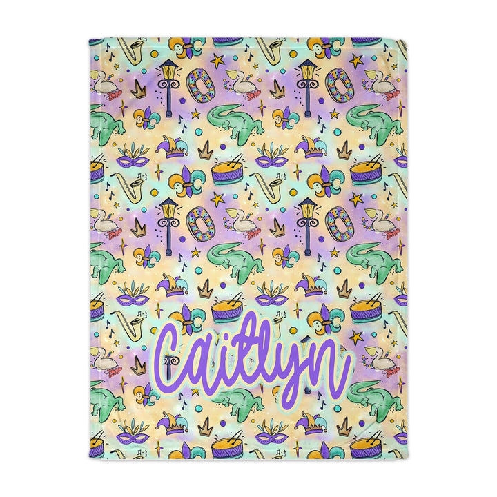 Personalized Mardi Gras Baby Blanket - Minky Fleece with King Cake Alligator and Pelican Icons - Custom Name