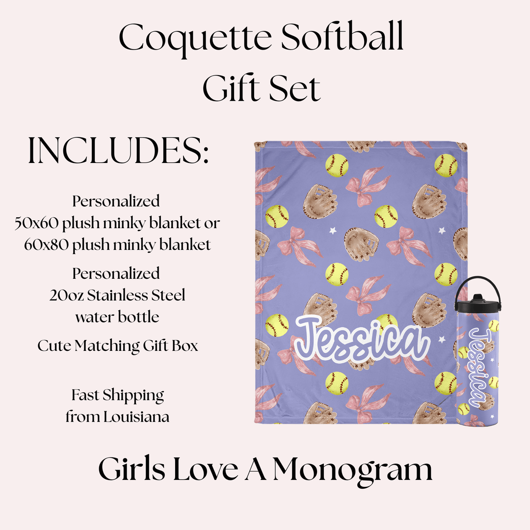 Softball Coquette Personalized Gift Set -Personalized 50x60 Plush Blanket & 20oz Water Bottle