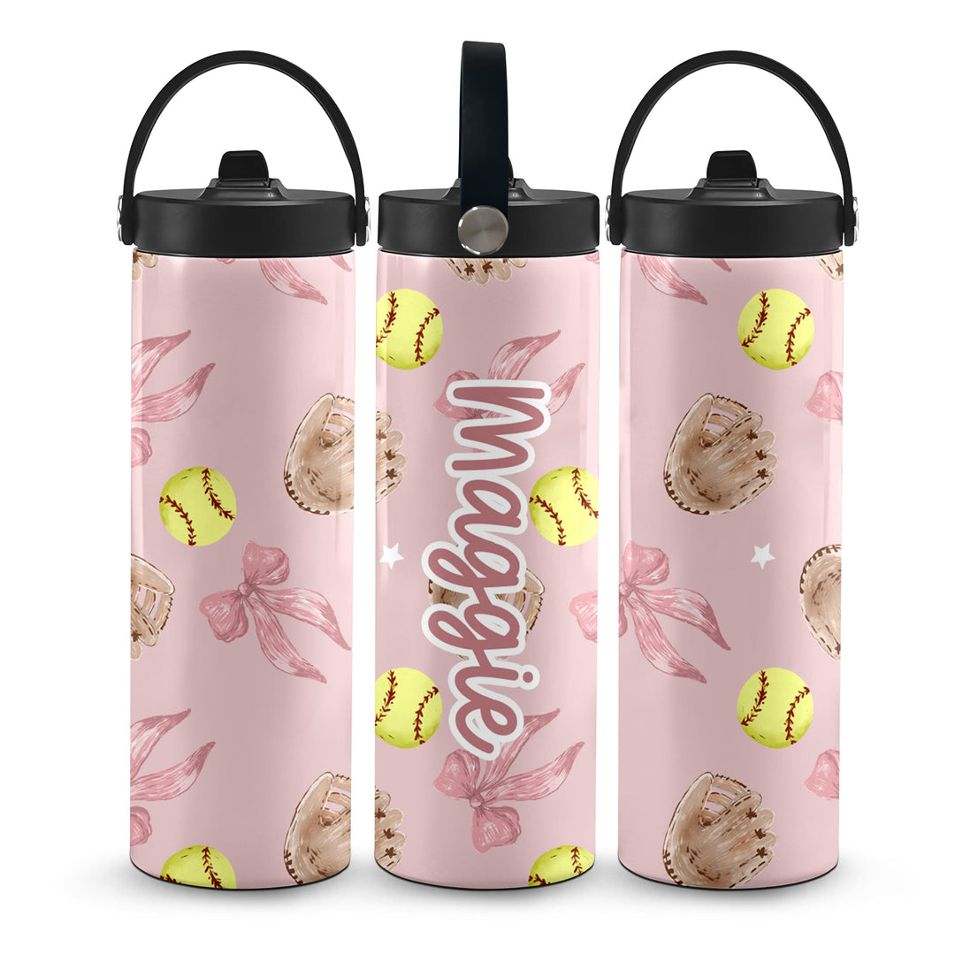Three pink water bottles with softball design and 'Maggie' text on a white background