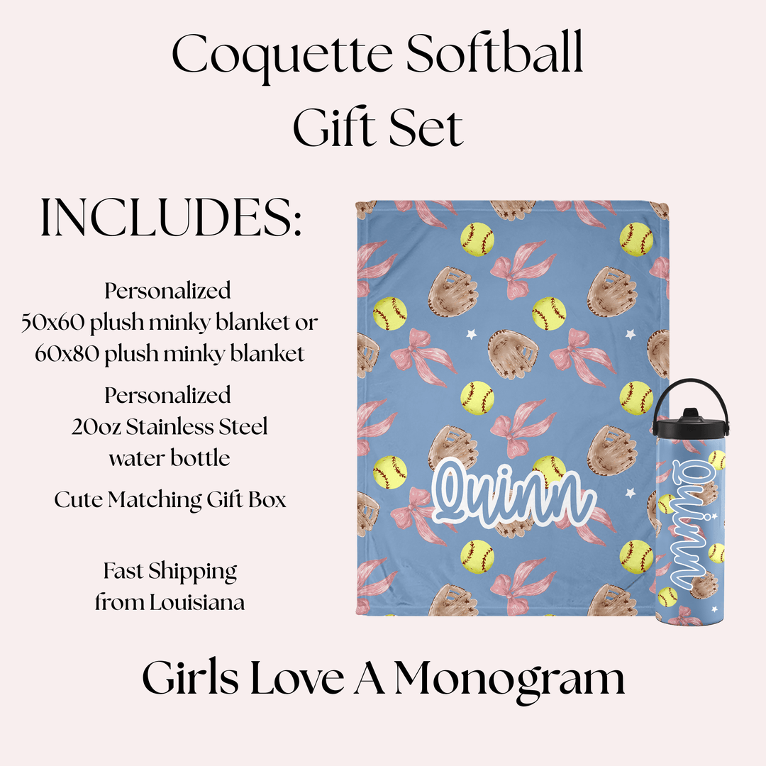 Softball Coquette Personalized Gift Set -Personalized 50x60 Plush Blanket & 20oz Water Bottle