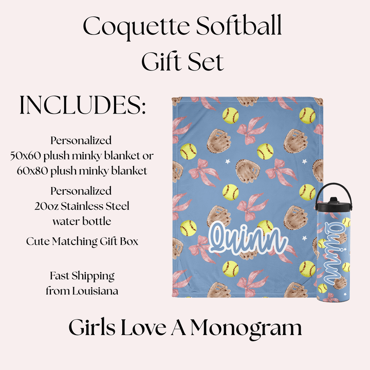 Softball Coquette Personalized Gift Set -Personalized 50x60 Plush Blanket & 20oz Water Bottle