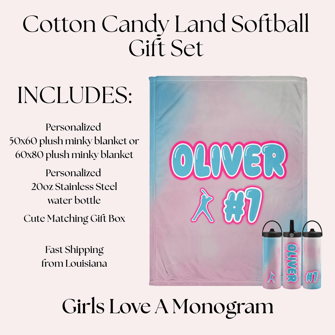 Cotton Candy Land Personalized Baseball Gift Set – Custom Blanket + Matching Water Bottle (Gift-Ready Box Included)