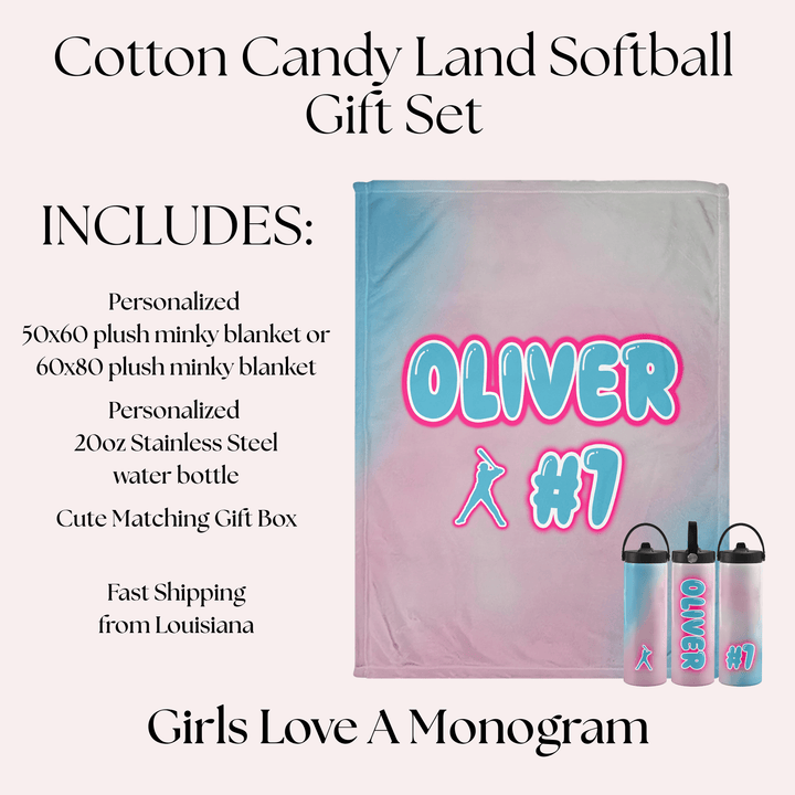 Cotton Candy Land Personalized Baseball Gift Set – Custom Blanket + Matching Water Bottle (Gift-Ready Box Included)