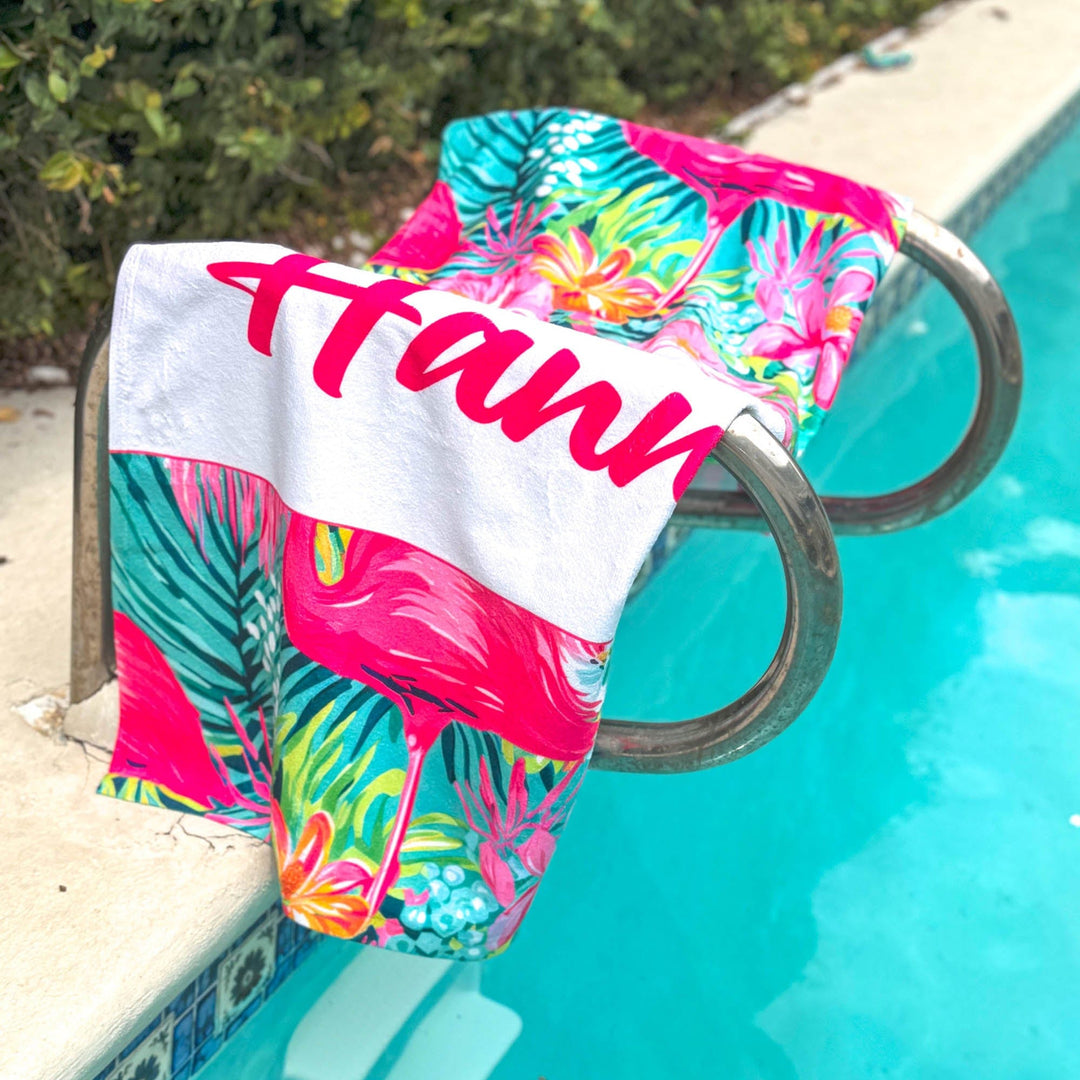 Preppy Personalized Flamingo Beach Towel