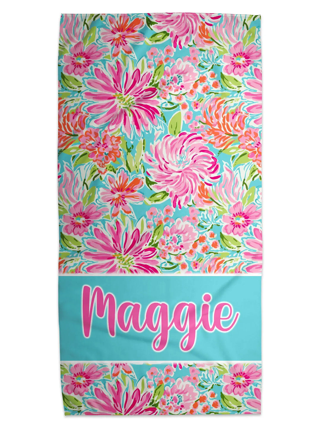 Floral patterned towel personalized
 'Maggie' text on a blue background