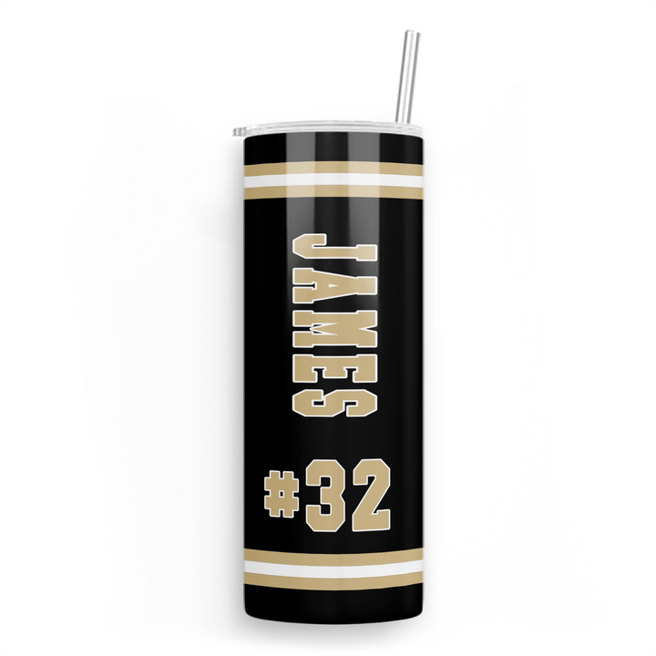 Personalized Jersey Name & Number Skinny Tumbler with Straw | Custom Purple & Gold 20oz Sports Cup