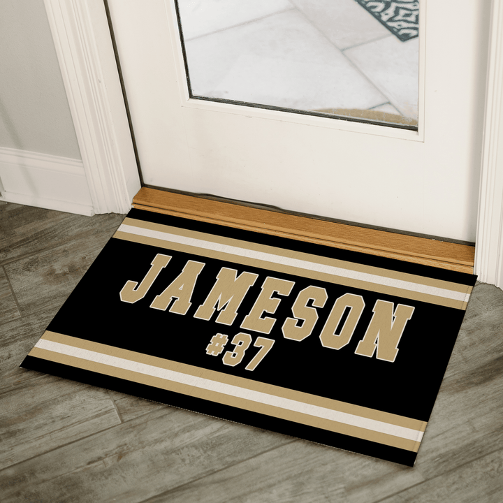 Personalized Jersey Name & Number Doormat | Custom Purple & Gold Sports Welcome Mat