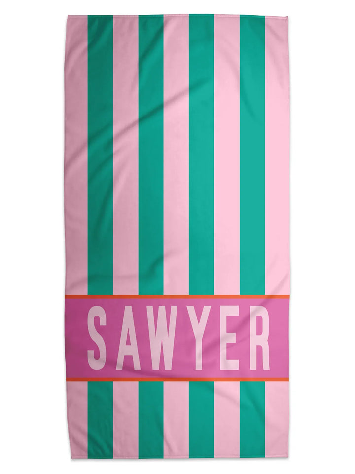 Personalized Neon Cabana Stripe Beach Towel