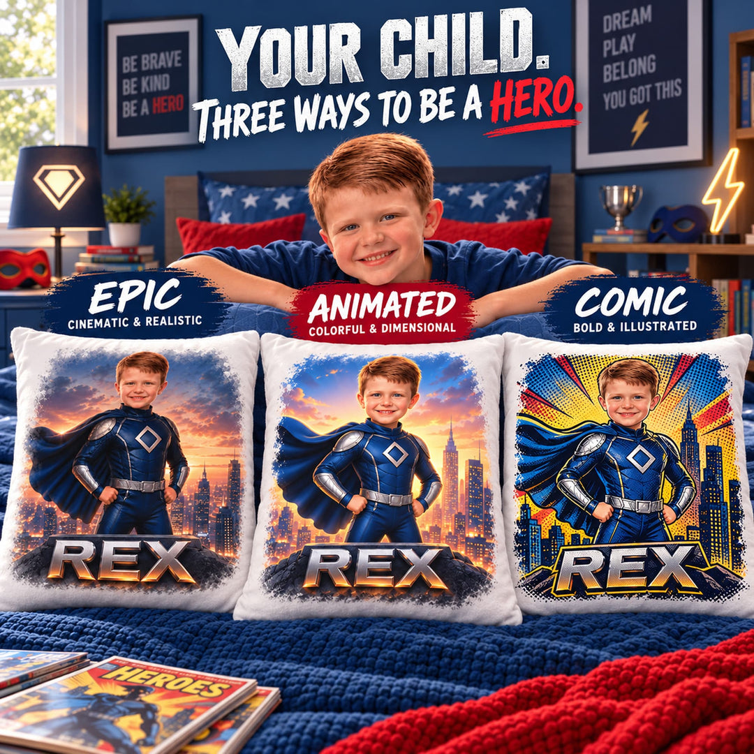 Personalized Superhero Pillow | Their Photo, Their City
