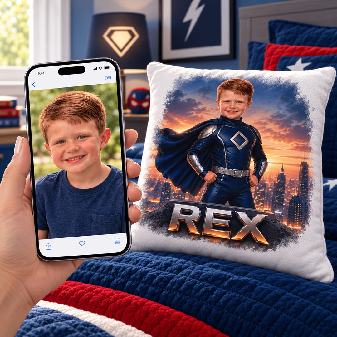Personalized Superhero Pillow | Their Photo, Their City