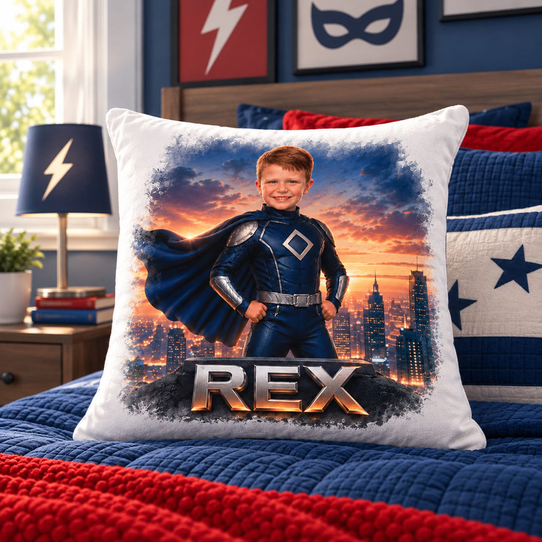 Personalized Superhero Pillow | Their Photo, Their City