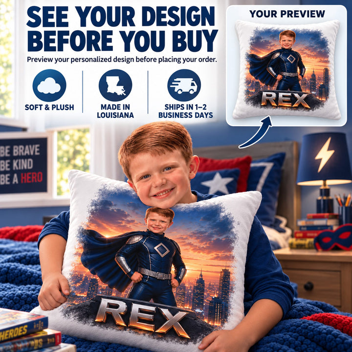 Personalized Superhero Pillow | Their Photo, Their City