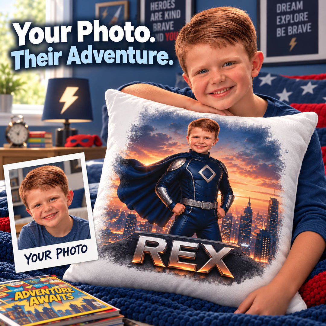 Personalized Superhero Pillow | Their Photo, Their City
