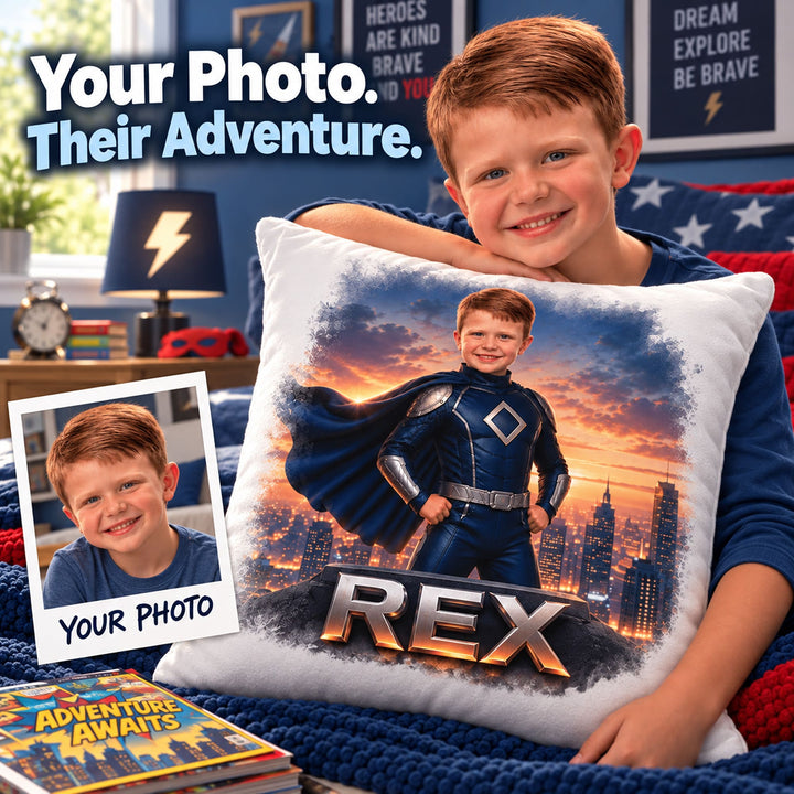 Personalized Superhero Pillow | Their Photo, Their City
